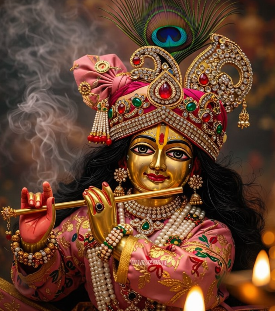 Laddu Gopal idol adorned with pink shringar, peacock feather mukut