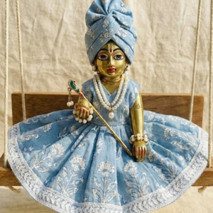 Sky Blue Printed Cotton Poshak with Turban Mukut