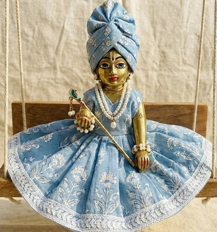 auto draft Sky Blue Printed Cotton Poshak with Turban Mukut