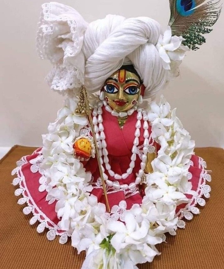 peach floral soft net shringar dress with lace border White Floral Seva Shringar Dress with Pearl Accessories