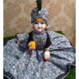 Grey Floral Printed Cotton Dress with Feather Mukut