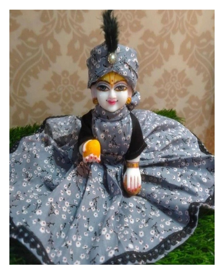 auto draft Grey Floral Printed Cotton Dress with Feather Mukut