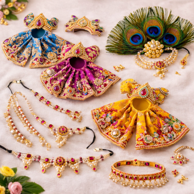 Laddu Gopal shringar collection featuring jhula, palki, jewelry, and mor pankh accessories.”