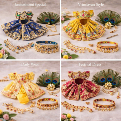 Laddu Gopal dress collection collage featuring Janmashtami special, Vrindavan style, daily wear, and festival outfits.